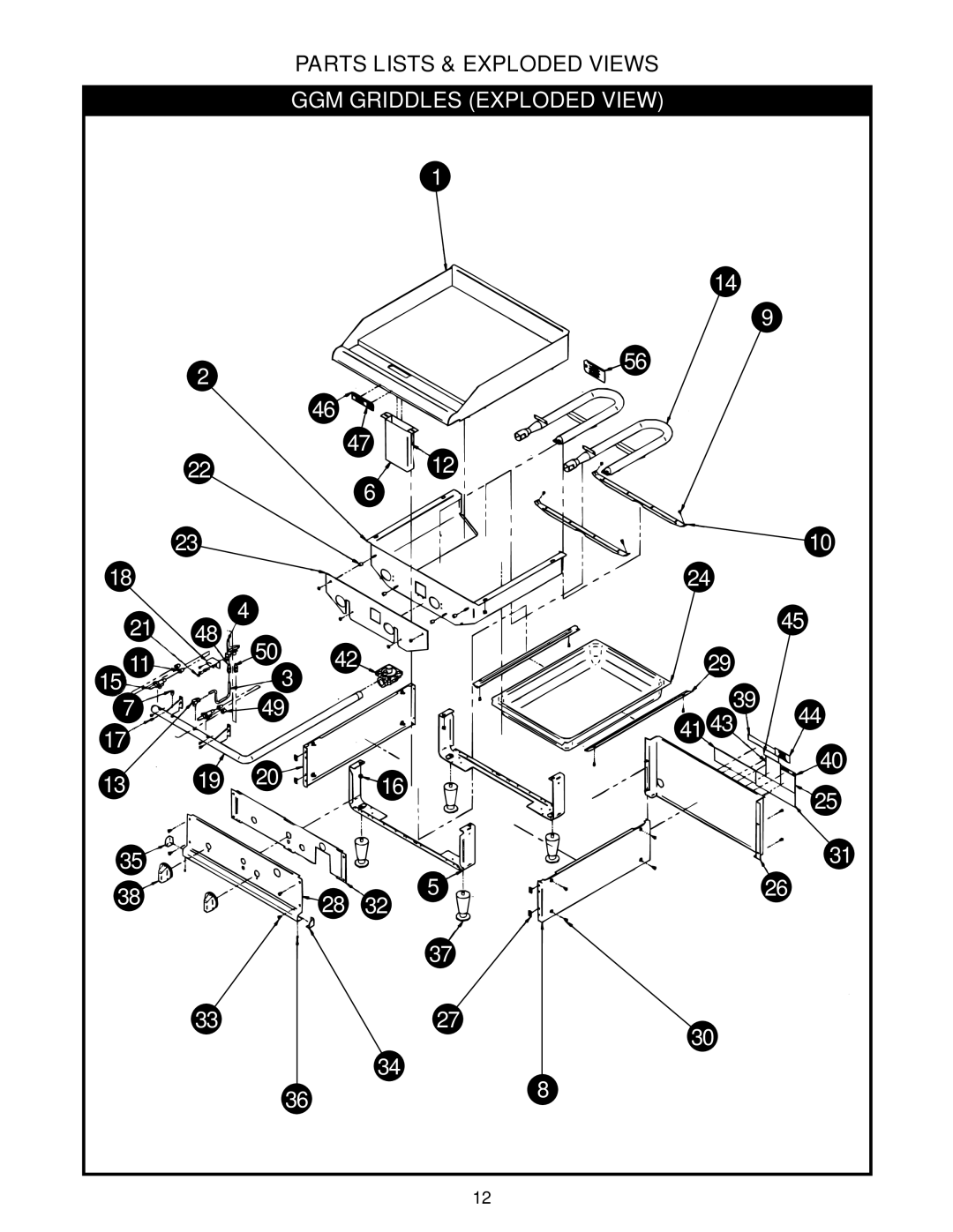 APW Wyott GGT-48H, GGT-36H, GGM-36H, GGT-18H, GGM-48H, GGM-18H warranty Parts Lists & Exploded Views, GGM Griddles Exploded View 