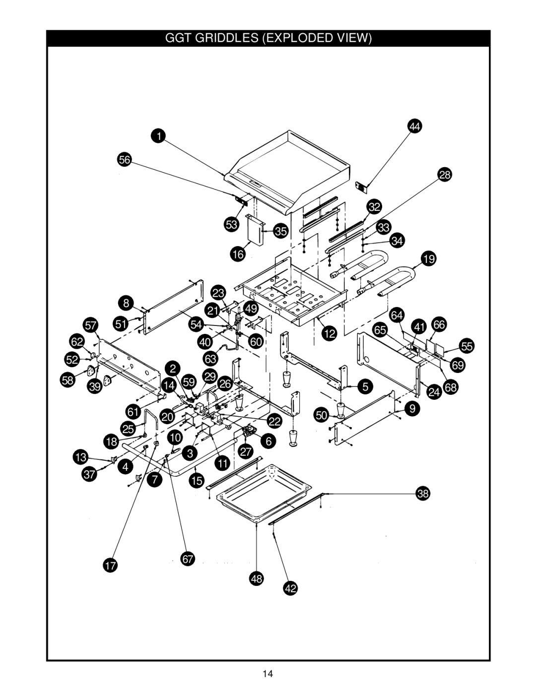 APW Wyott GGT-36H, GGM-36H, GGT-18H, GGM-48H, GGM-18H, GGT-48H, GGM-24H warranty GGT Griddles Exploded View 