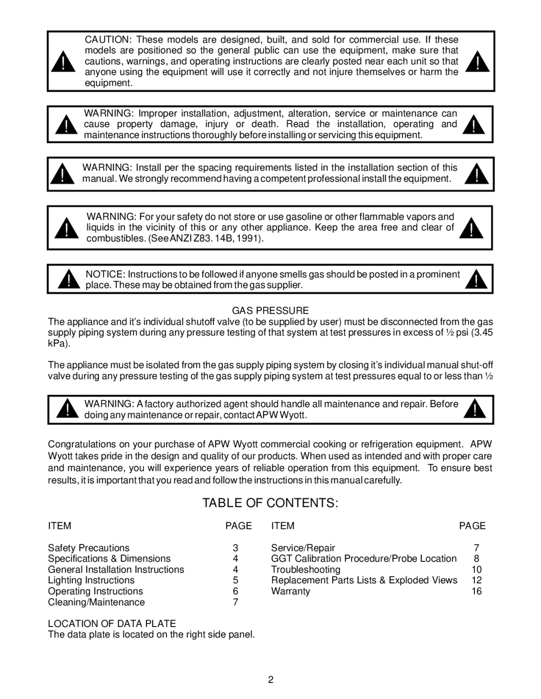 APW Wyott GGT-18H, GGT-36H, GGM-36H, GGM-48H, GGM-18H, GGT-48H, GGM-24H warranty Table of Contents 