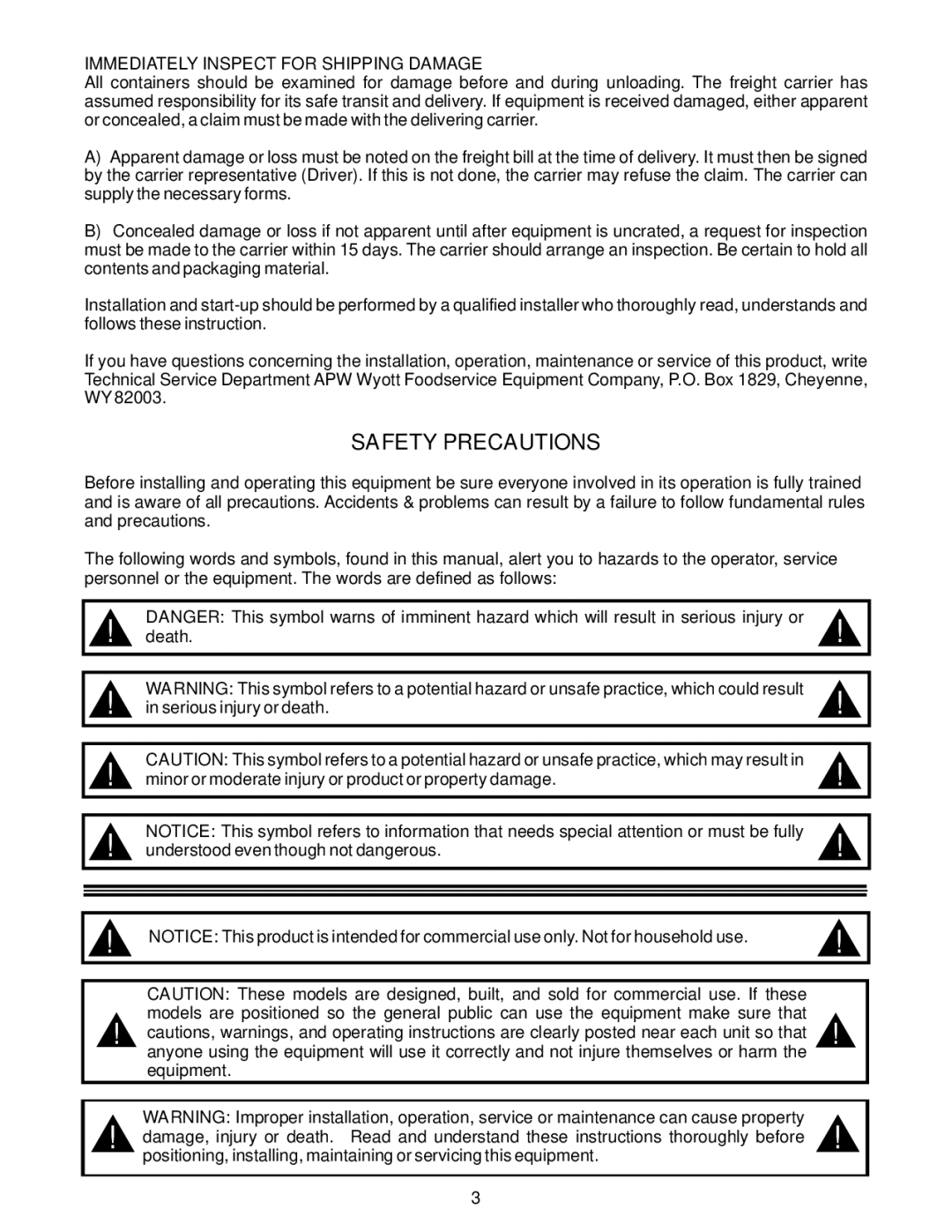 APW Wyott GGM-48H, GGT-36H, GGM-36H, GGT-18H, GGM-18H, GGT-48H Safety Precautions, Immediately Inspect for Shipping Damage 