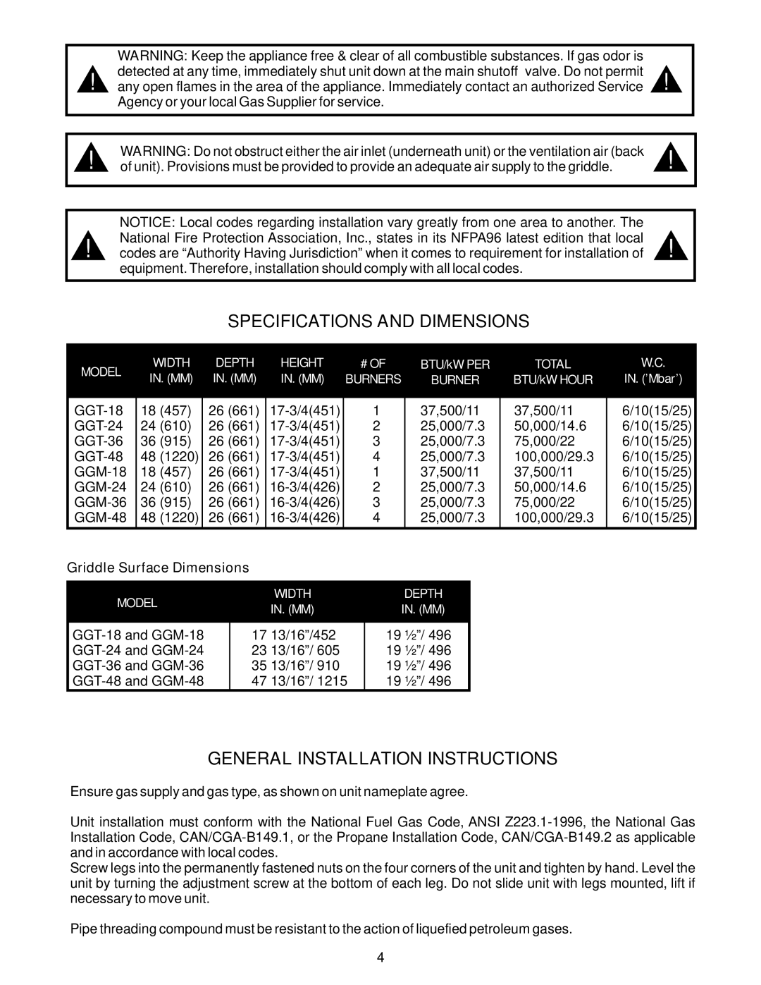 APW Wyott GGM-18H, GGT-36H Specifications and Dimensions, General Installation Instructions, Griddle Surface Dimensions 