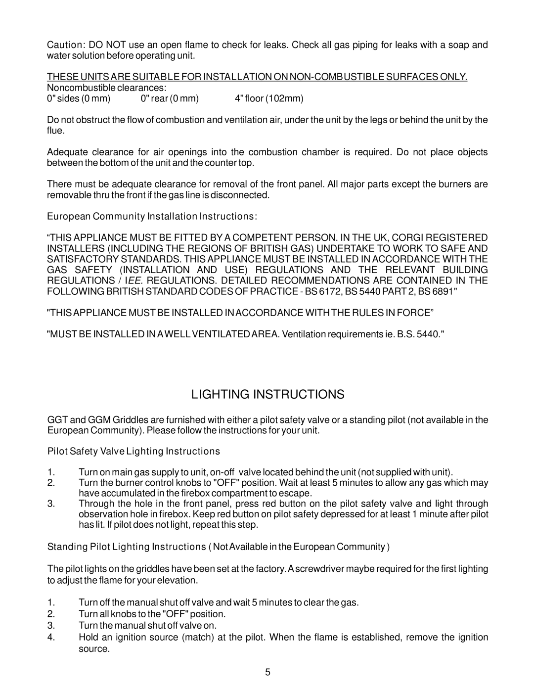 APW Wyott GGT-48H, GGT-36H, GGM-36H, GGT-18H, GGM-48H Lighting Instructions, European Community Installation Instructions 