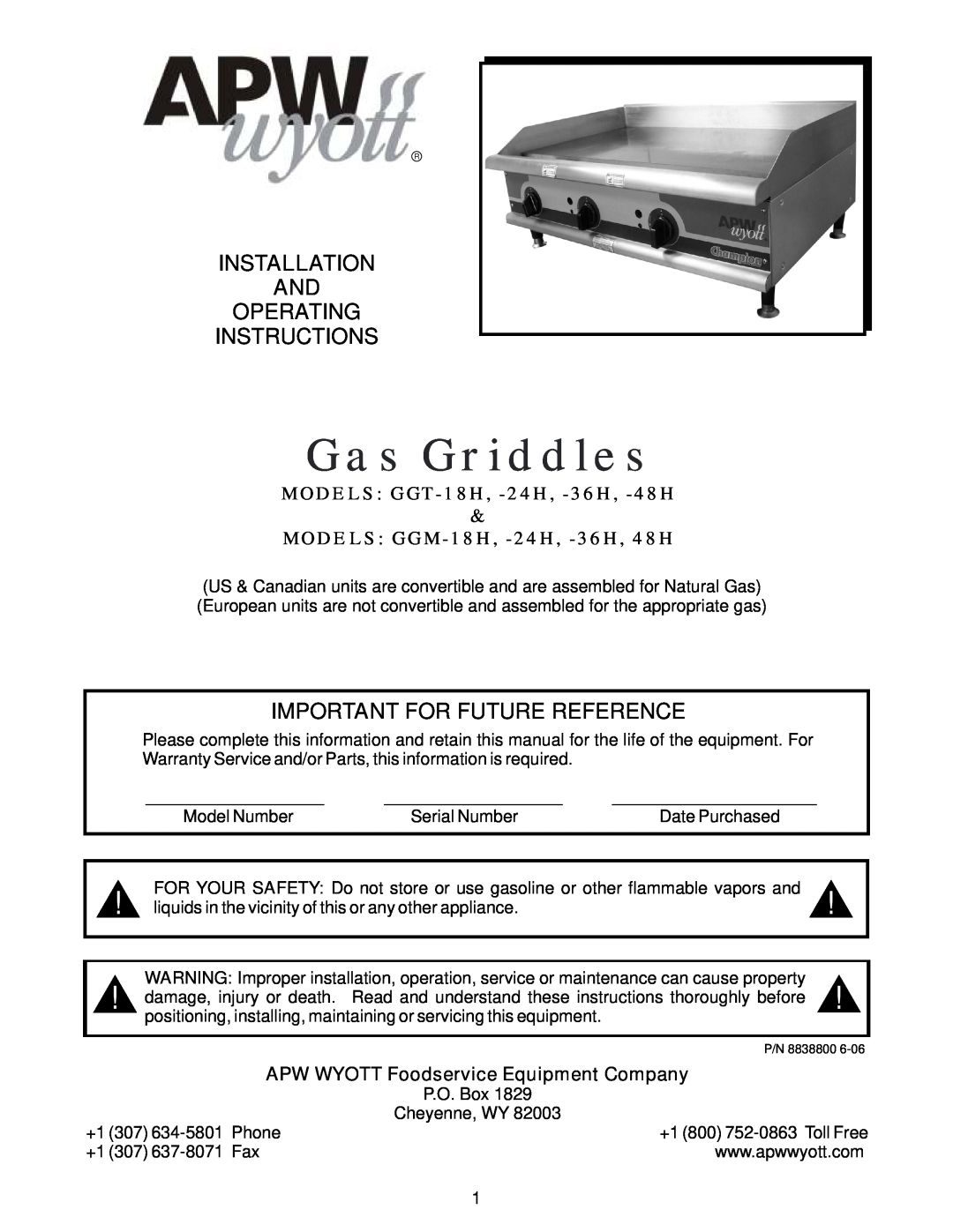 APW Wyott GGM-36H, GGT-36H warranty Installation And Operating Instructions, Important For Future Reference, Gas Griddles 