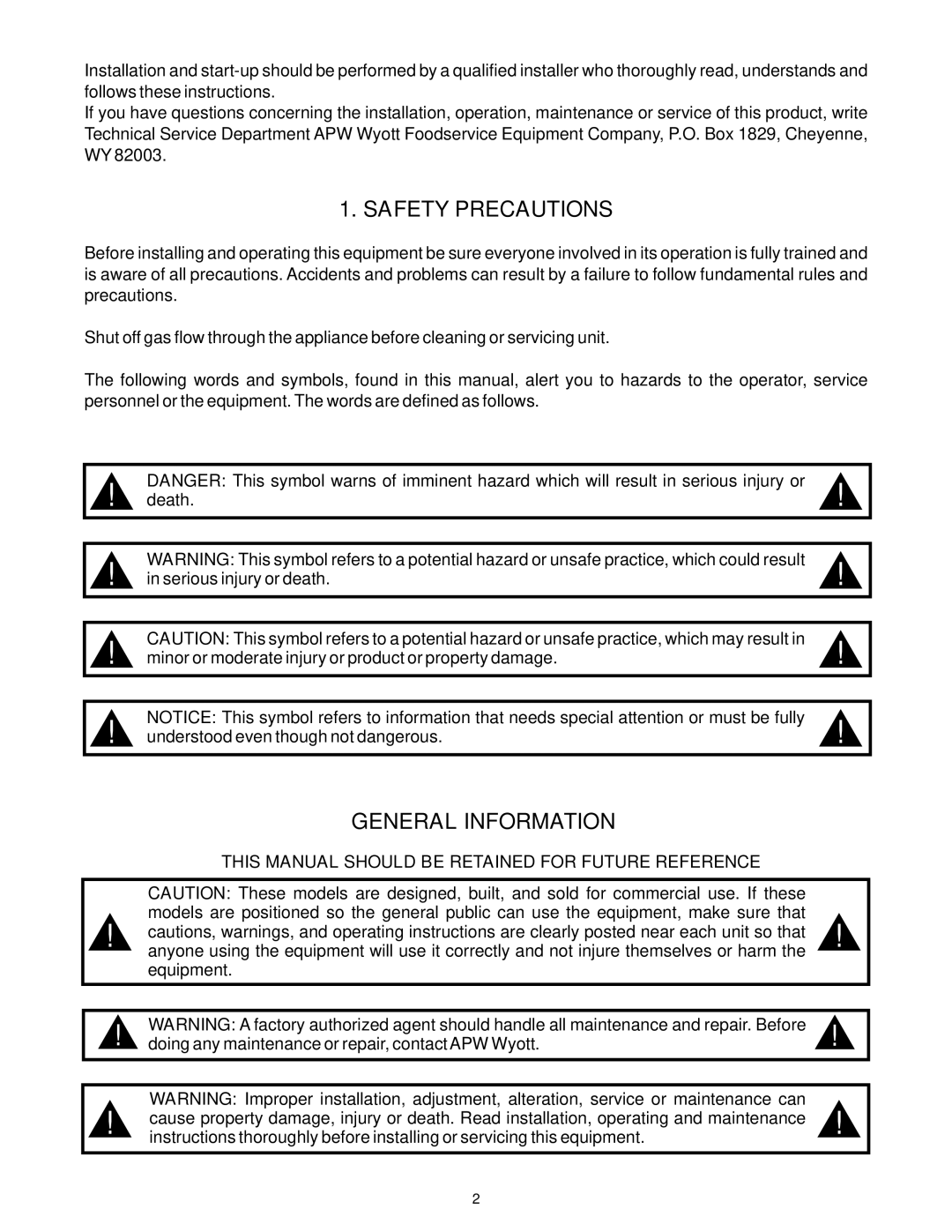 APW Wyott GHP-2H operating instructions Safety Precautions, General Information 