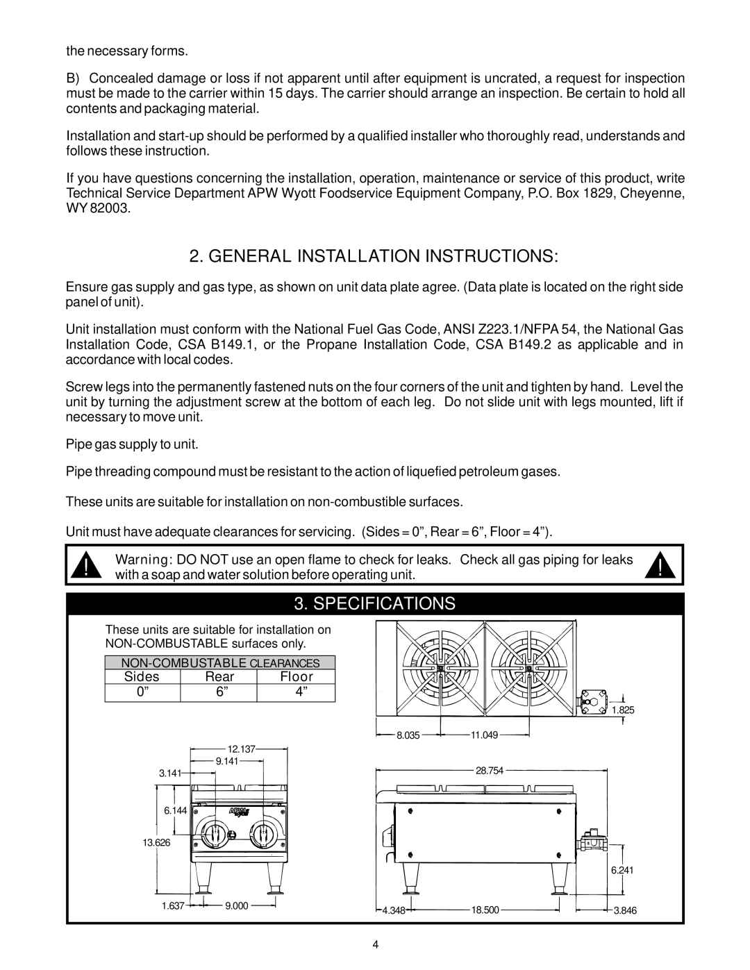 APW Wyott GHP-2H operating instructions General Installation Instructions, Specifications 