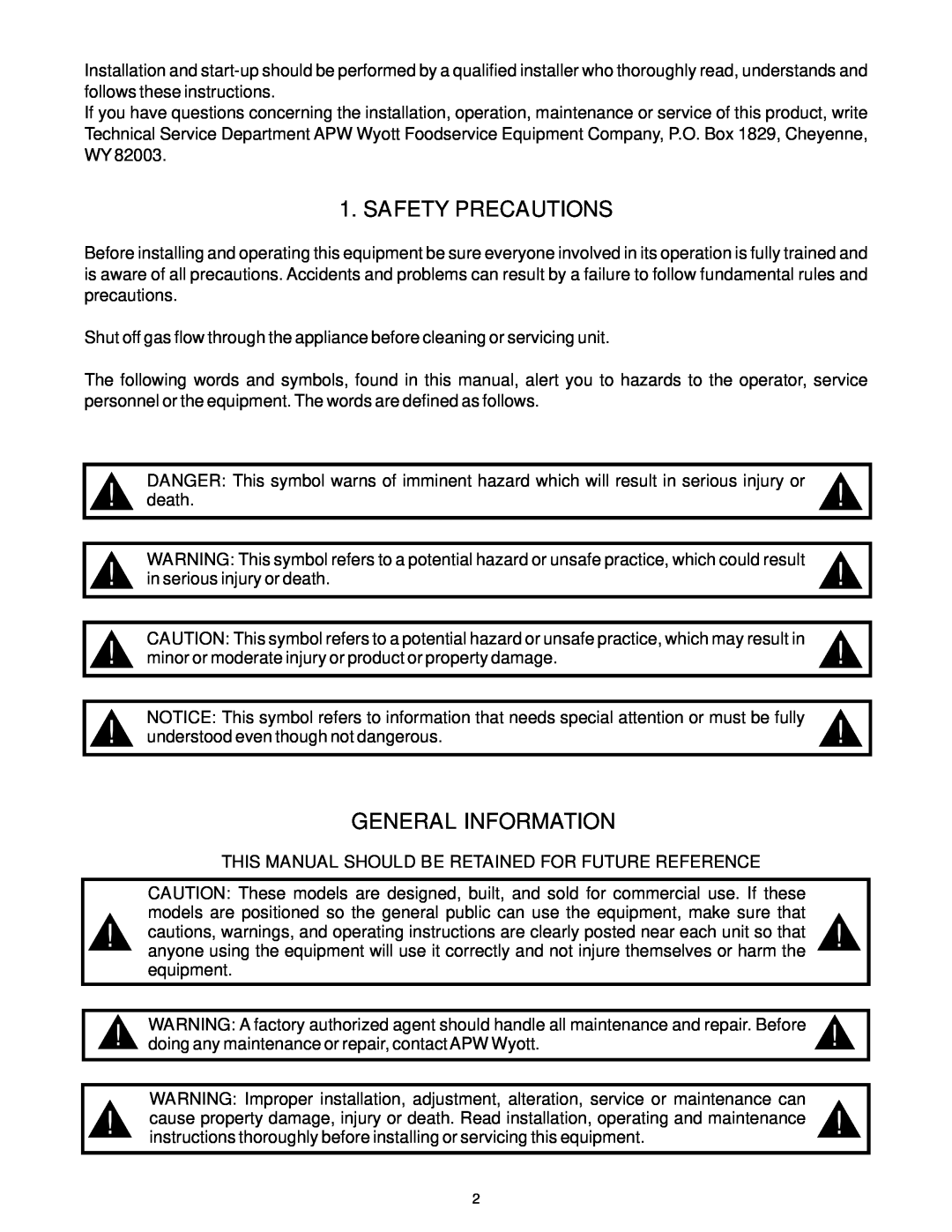 APW Wyott GHP-2H Safety Precautions, General Information, This Manual Should Be Retained For Future Reference 