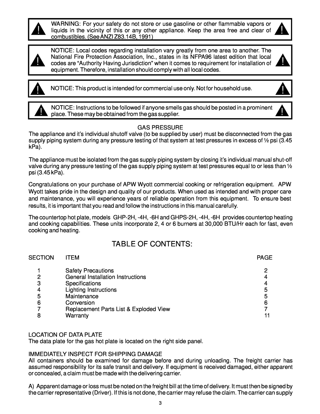 APW Wyott GHP-2H operating instructions Table Of Contents, Gas Pressure, place. These may be obtained from the gas supplier 