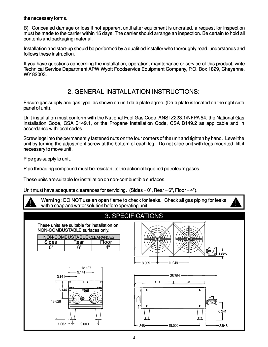 APW Wyott GHP-2H operating instructions General Installation Instructions, Specifications, Floor 