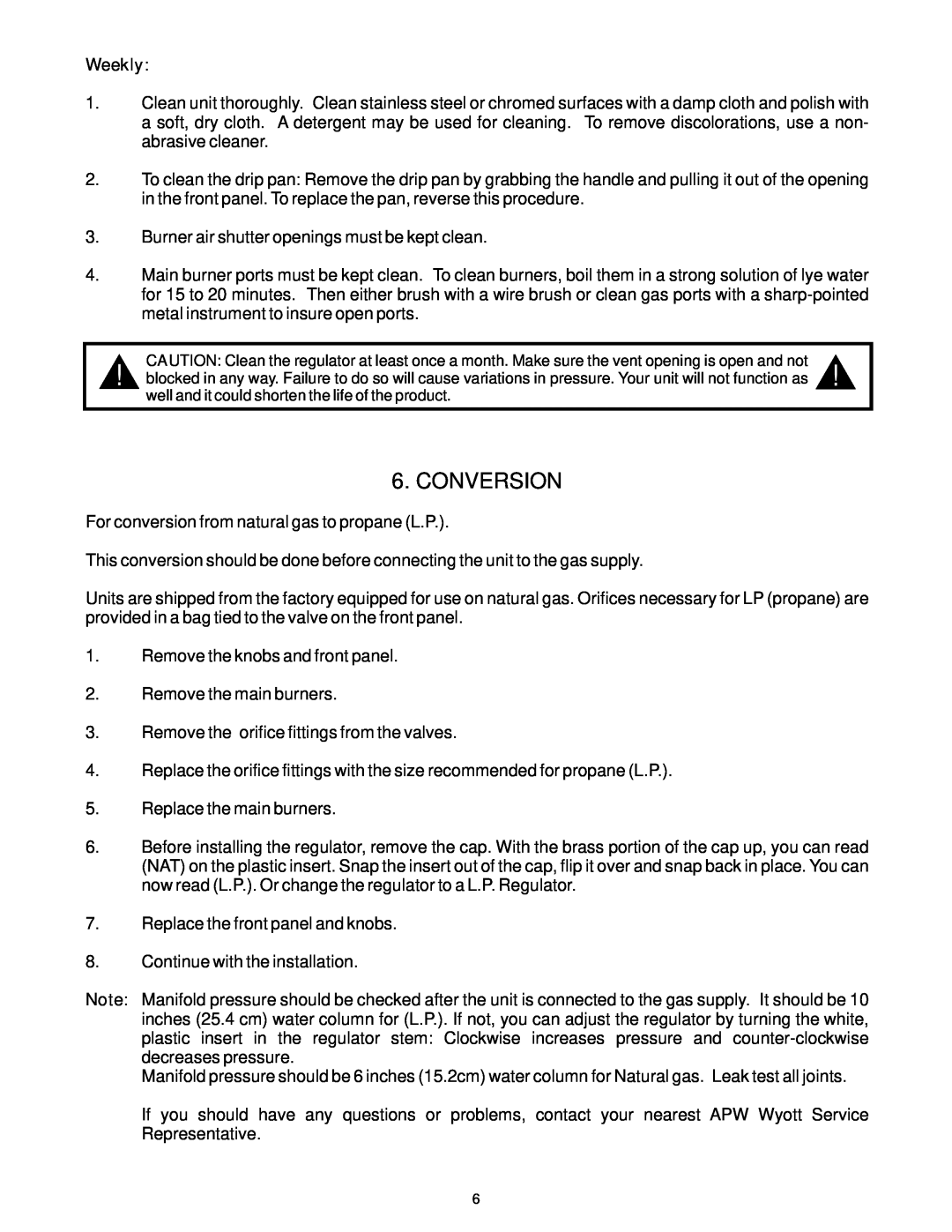 APW Wyott GHP-2H operating instructions Conversion, Weekly 