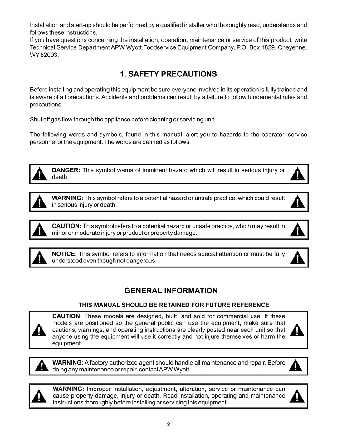 APW Wyott GHP-6H, GHPS-2H, GHPW-2H, GHPS-6H, GHPS-4H, GHP-4H operating instructions Safety Precautions, General Information 