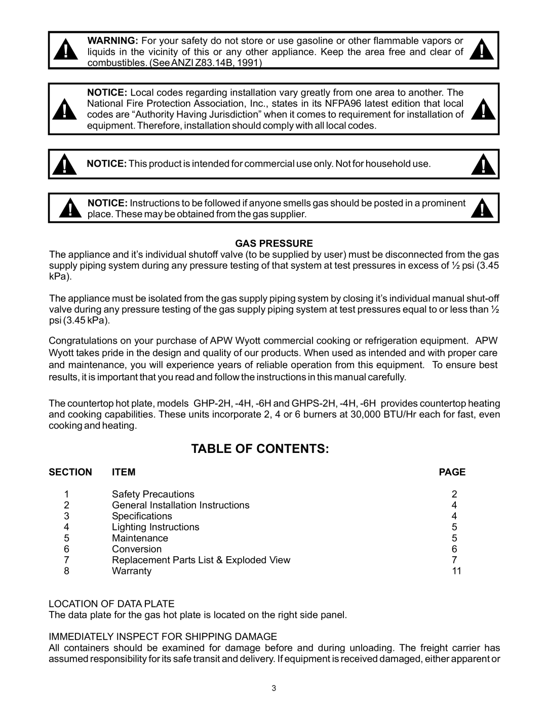 APW Wyott GHPS-6H, GHPS-2H, GHPW-2H, GHP-6H, GHPS-4H, GHP-4H operating instructions Table of Contents 