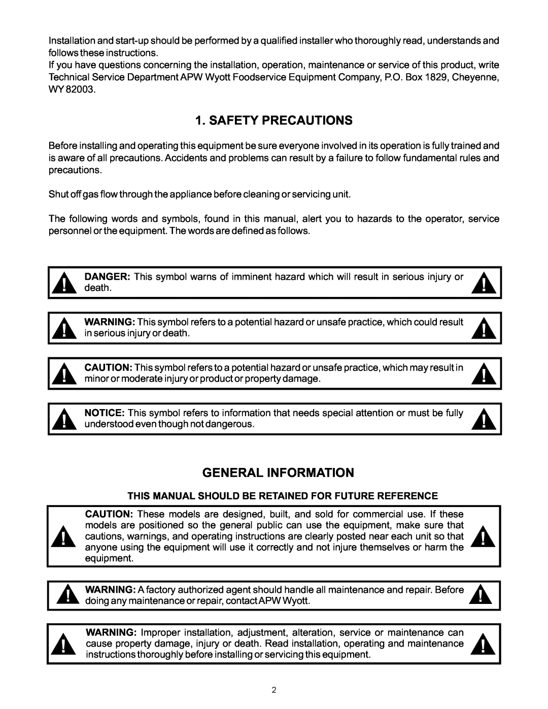 APW Wyott GHP-6H, GHPS-2H, GHPW-2H, GHPS-6H, GHPS-4H, GHP-4H operating instructions Safety Precautions, General Information 