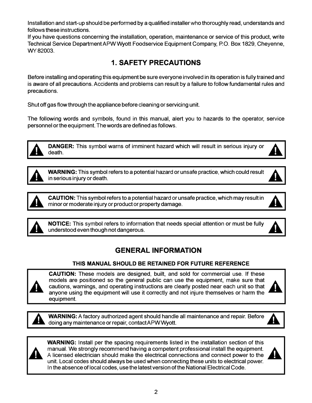 APW Wyott GWW installation instructions Safety Precautions, General Information, Danger 