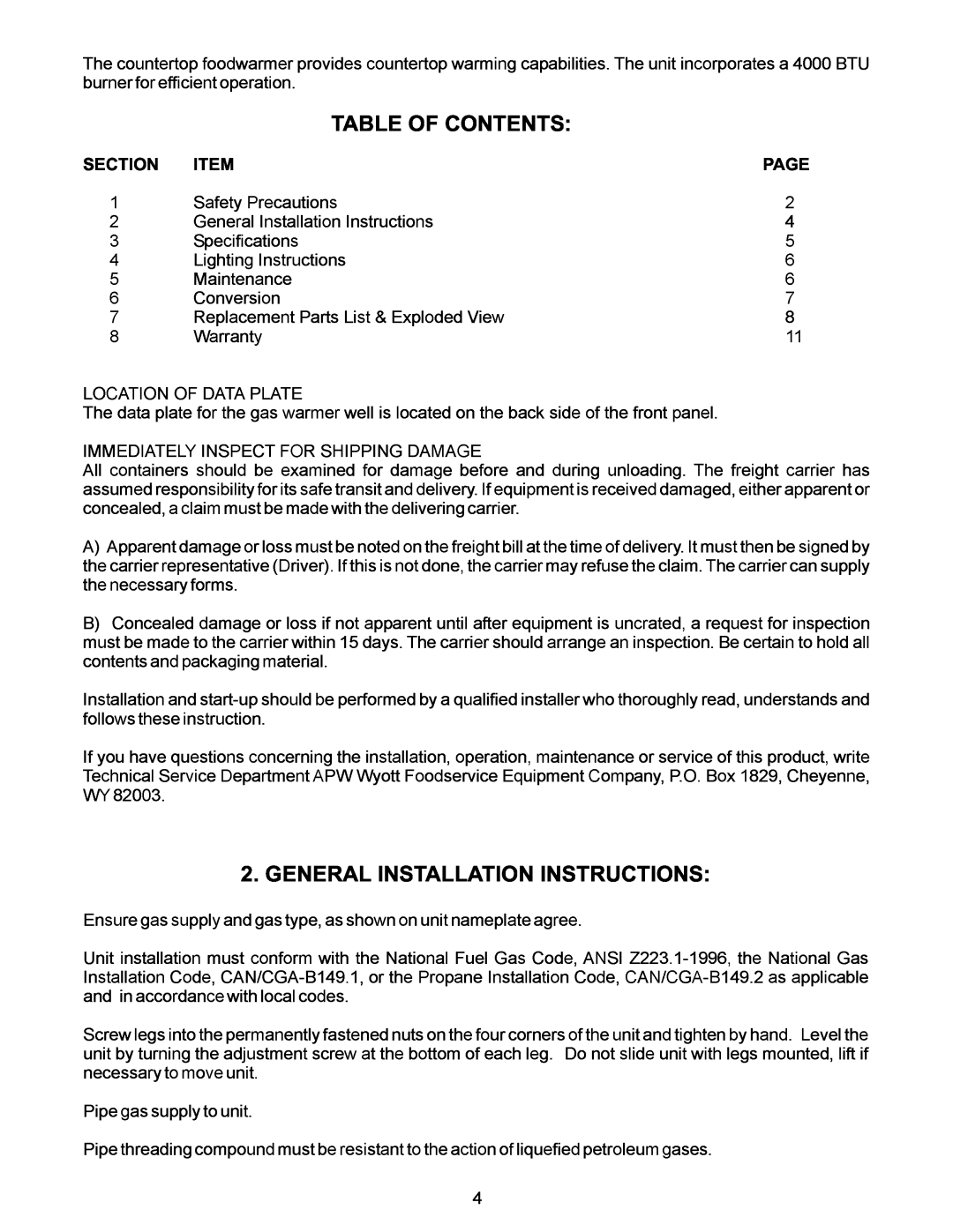 APW Wyott GWW installation instructions Table Of Contents, Eneral Installation Instructions, Section Item, Page 
