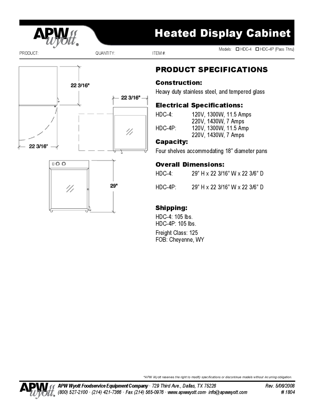 APW Wyott HDC-4P warranty Product Specifications 