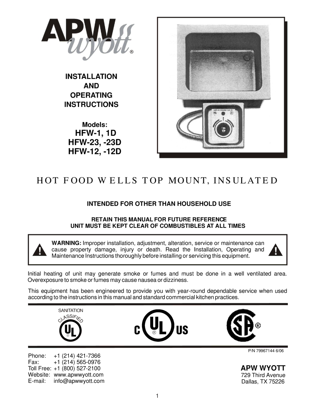 APW Wyott HFW-1D, HFW-12D, HFW-23D operating instructions HOT Food Wells TOP MOUNT, Insulated 