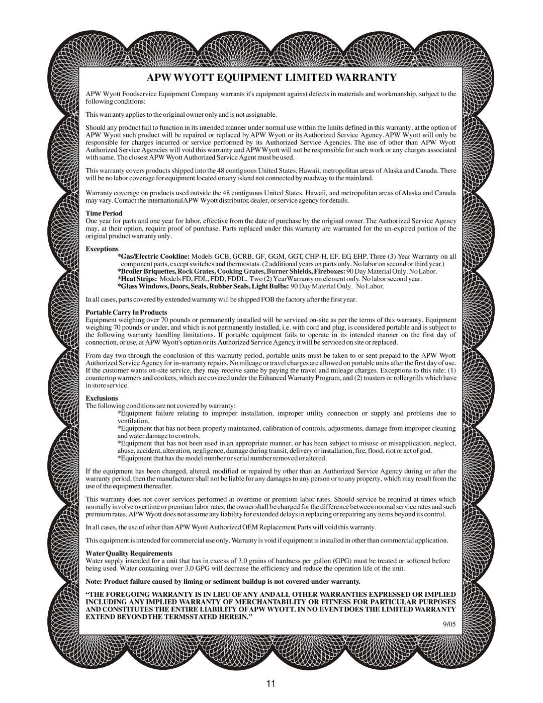 APW Wyott HFW-23D, HFW-1D, HFW-12D operating instructions APW Wyott Equipment Limited Warranty 