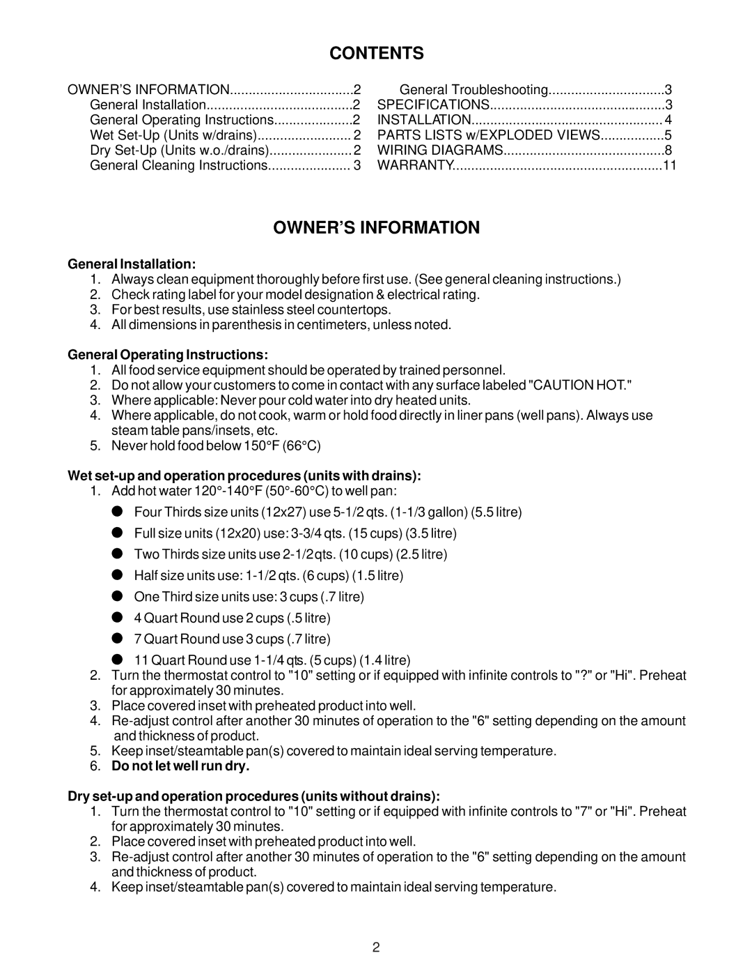 APW Wyott HFW-1D, HFW-12D, HFW-23D operating instructions Contents 