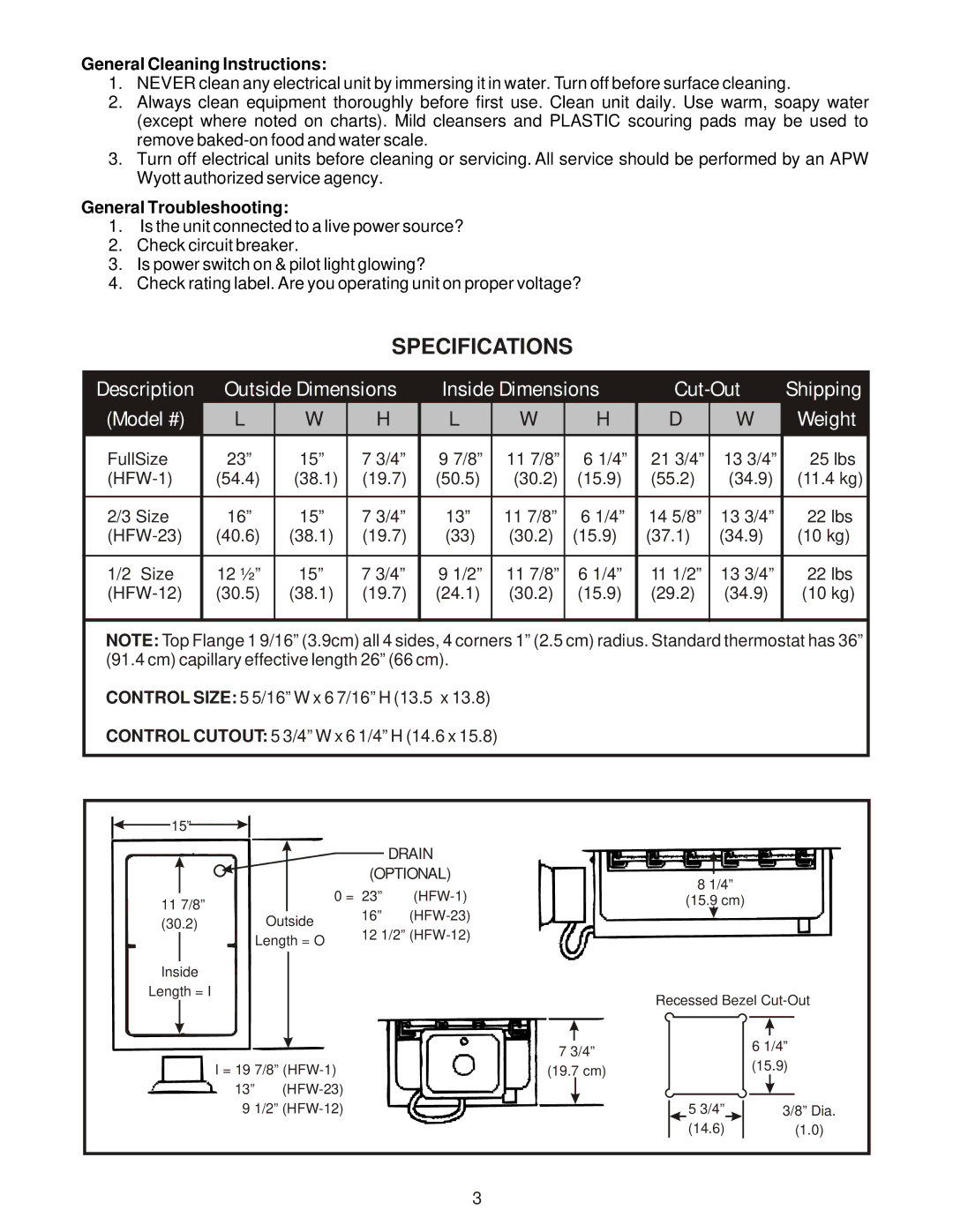 APW Wyott HFW-12D, HFW-1D, HFW-23D Specifications, General Cleaning Instructions, General Troubleshooting 