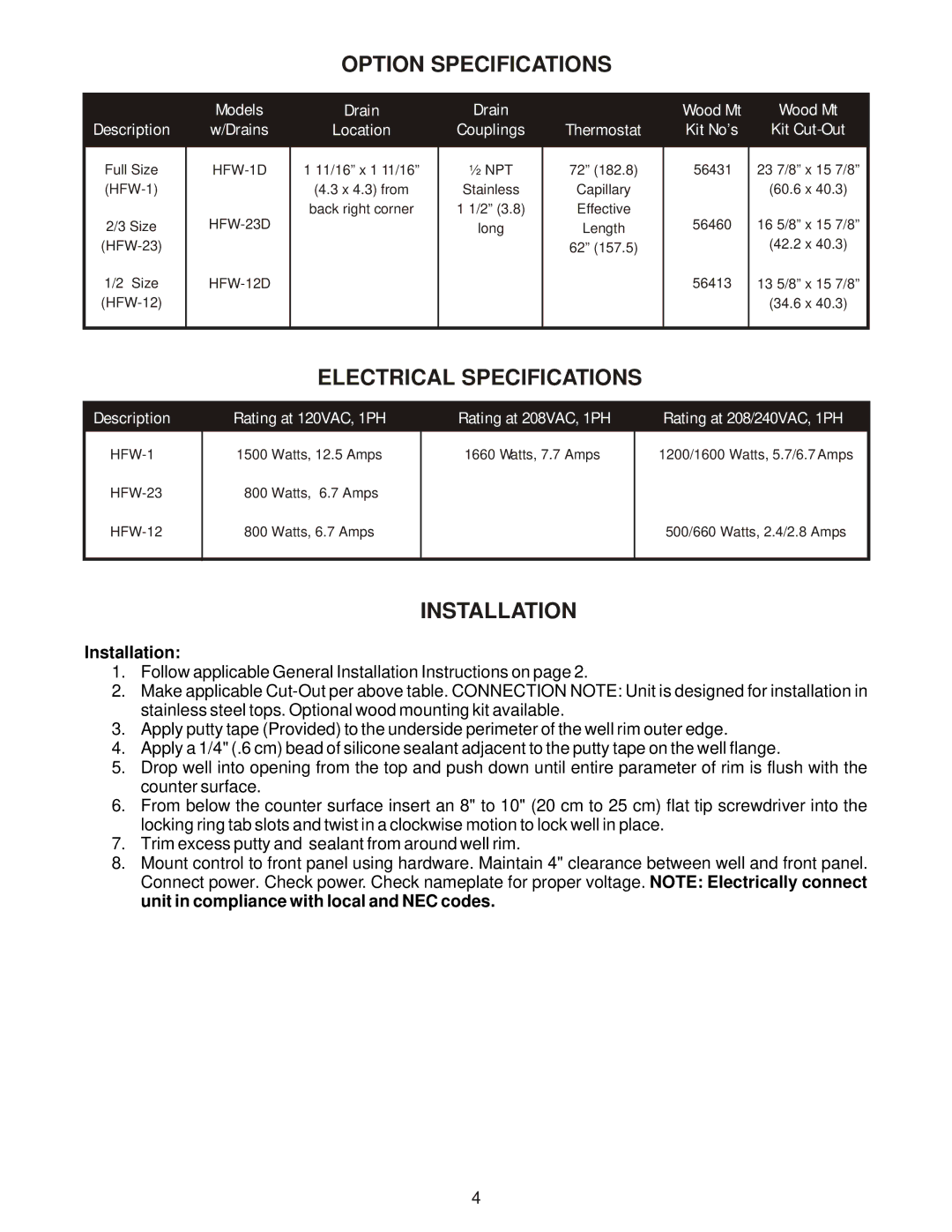 APW Wyott HFW-1D, HFW-12D, HFW-23D Option Specifications, Electrical Specifications, Installation 