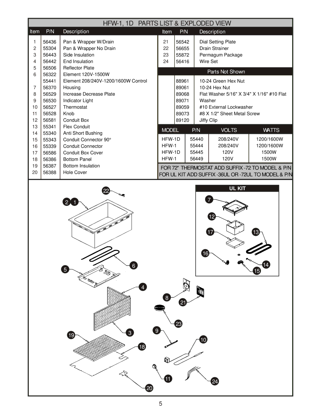 APW Wyott HFW-23D, HFW-12D operating instructions HFW-1, 1D Parts List & Exploded View, HFW-1D 