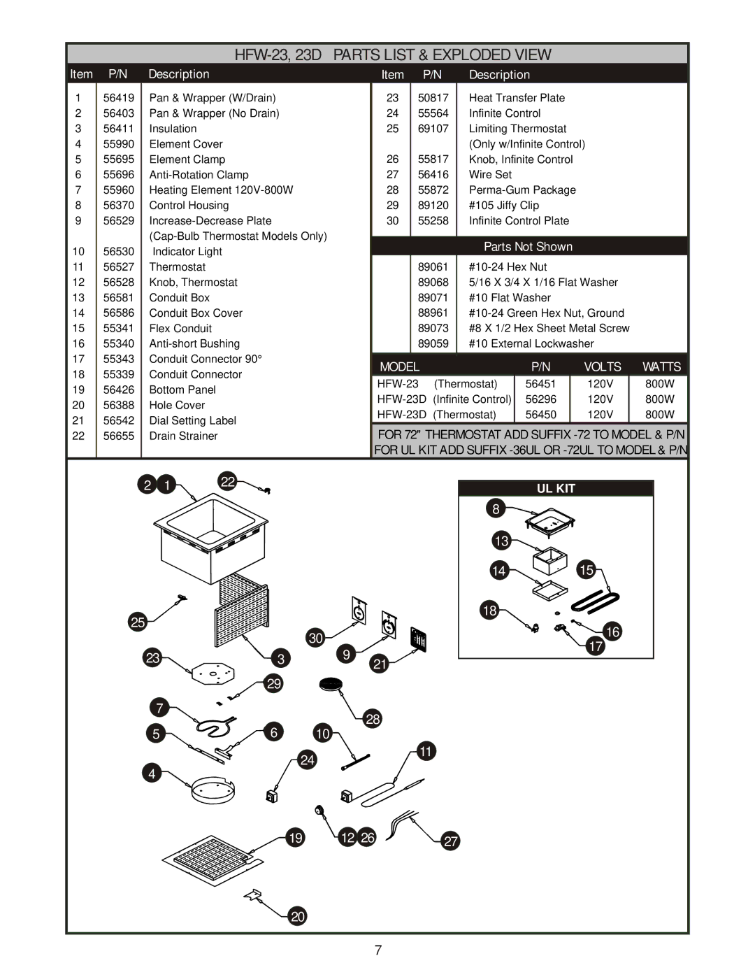 APW Wyott HFW-1D, HFW-12D, HFW-23D operating instructions HFW-23, 23D Parts List & Exploded View 