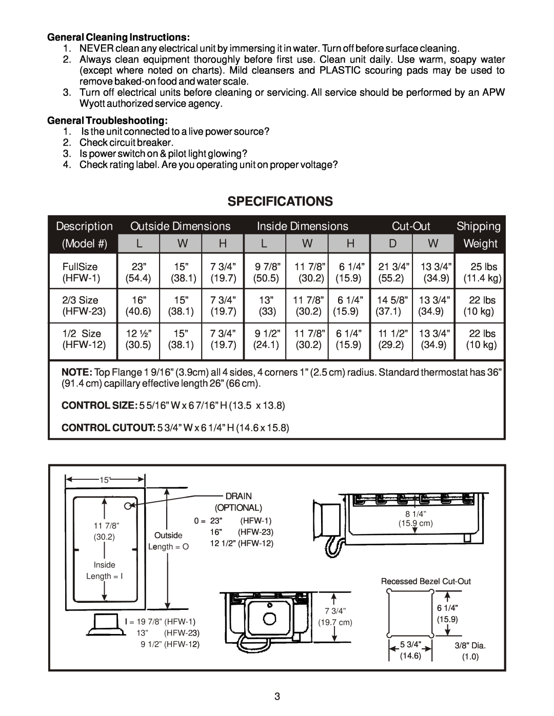 APW Wyott HFW-12D Specifications, Cut-Out, Description, Outside Dimensions, Shipping, General Cleaning Instructions, 54.4 
