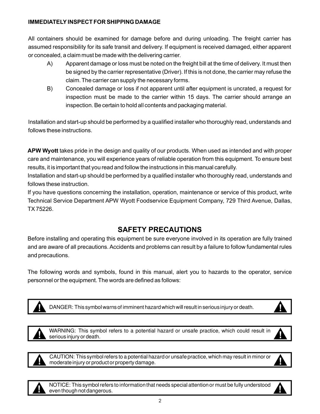 APW Wyott HFW-AT-2D 6D, HFW-AT-2 6 operating instructions Safety Precautions, Immediately Inspect for Shipping Damage 