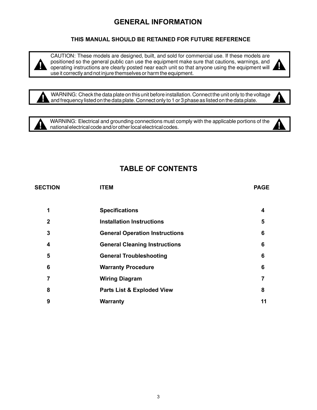 APW Wyott HFW-AT-2 6, HFW-AT-2D 6D operating instructions General Information, Table of Contents 