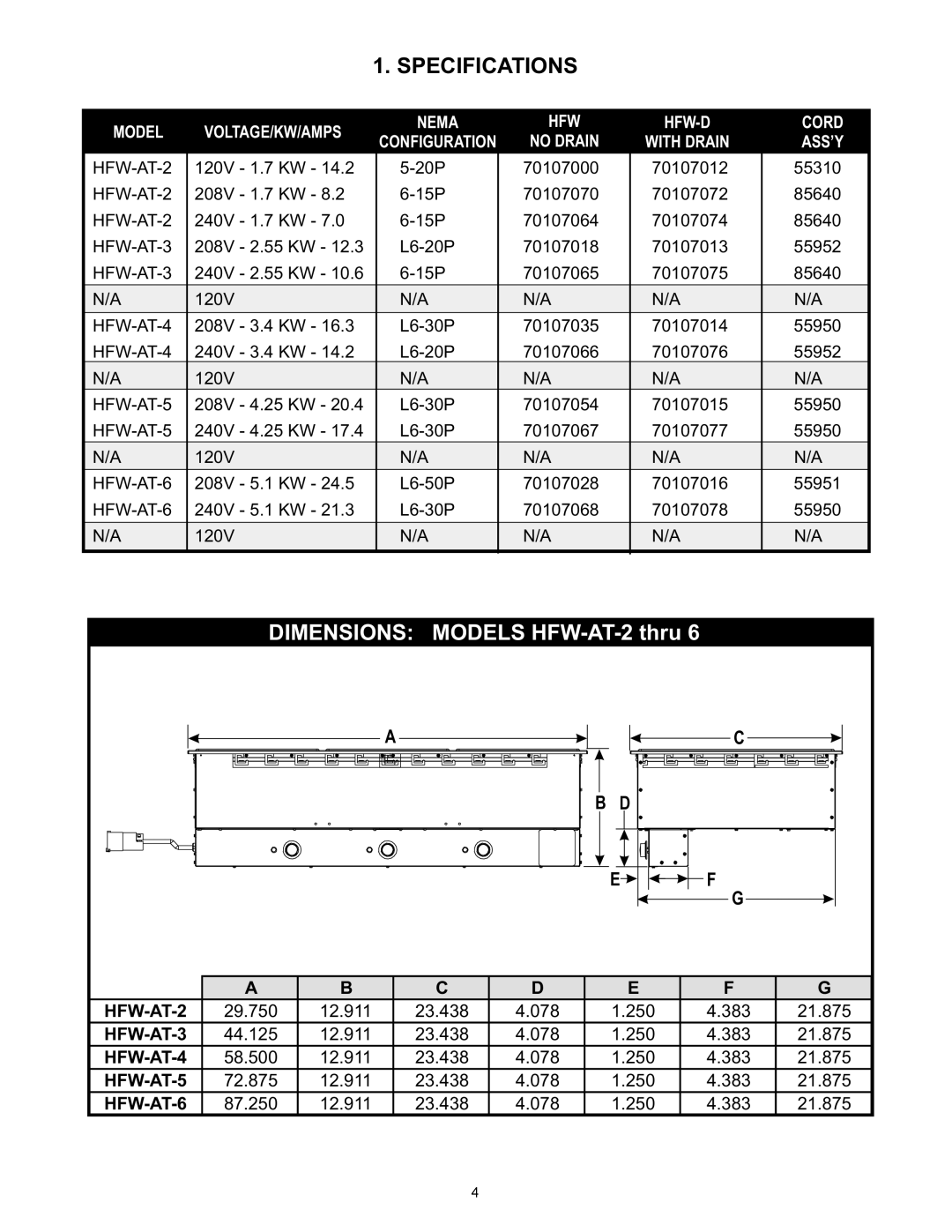 APW Wyott HFW-AT-2D 6D, HFW-AT-2 6 operating instructions Specifications, No Drain With Drain ASS’Y 