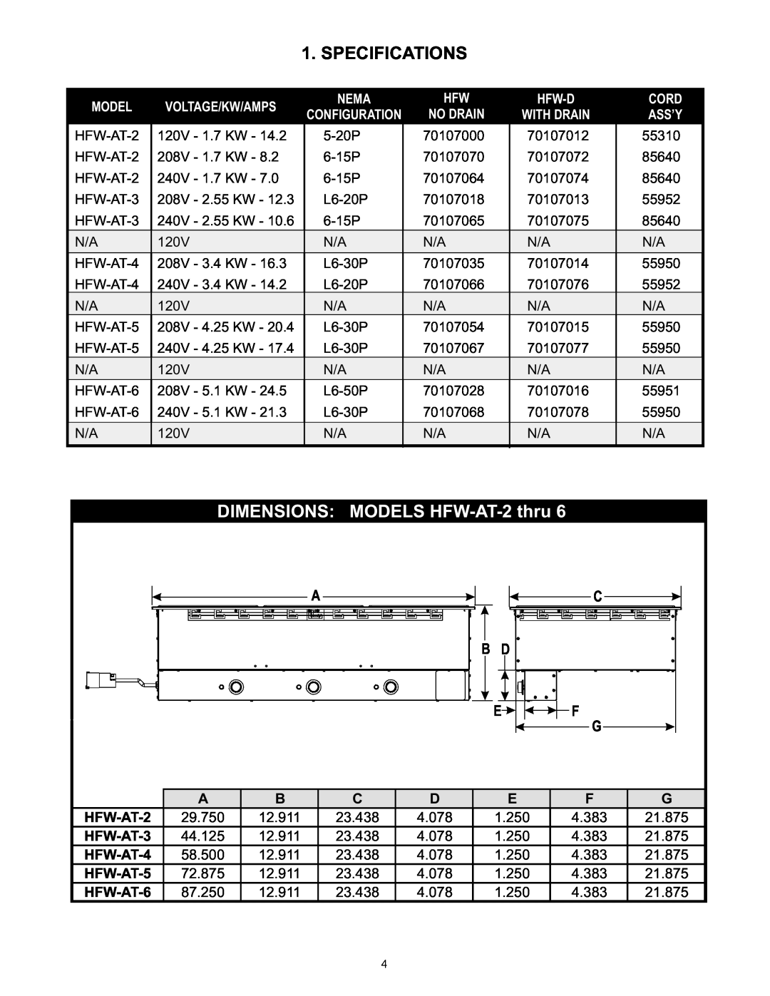 APW Wyott HFW-AT-2D 6D Specifications, DIMENSIONS: MODELS HFW-AT-2thru, Model, Voltage/Kw/Amps, Nema, Hfw-D, Cord, Ass’Y 