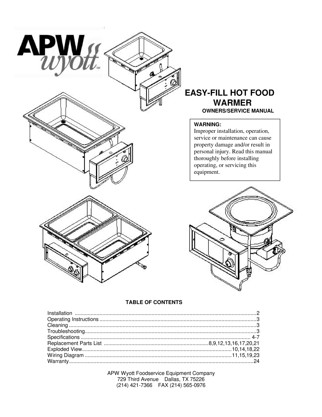 APW Wyott HOT FOOD WARMER service manual EASY-FILL HOT Food Warmer, Table of Contents 