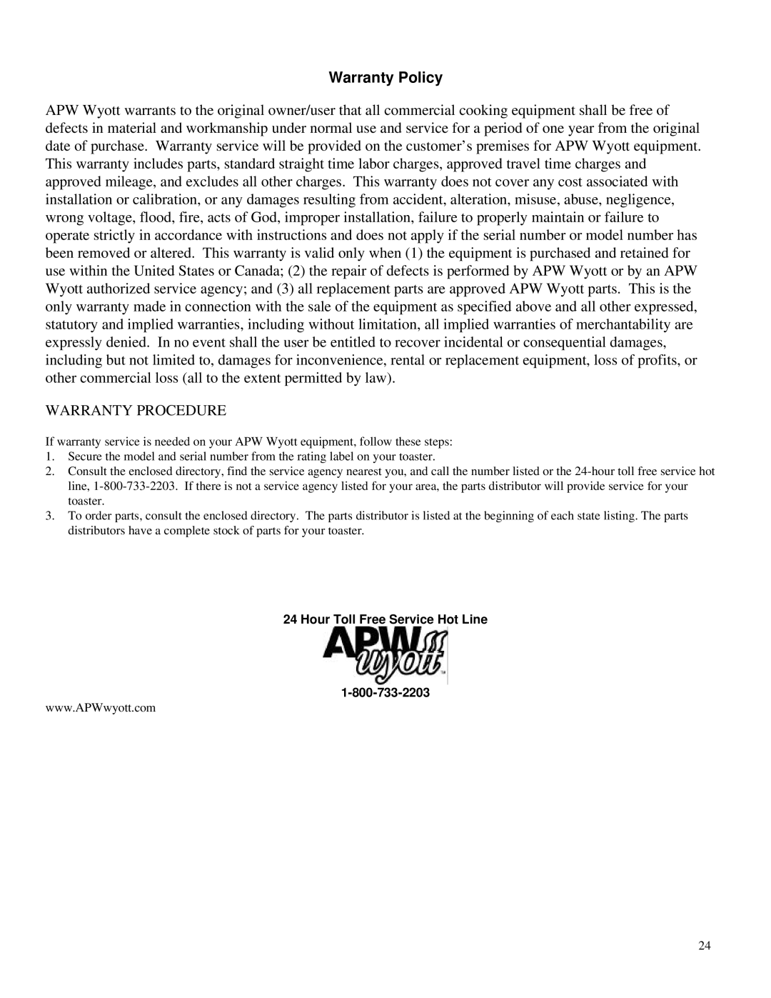 APW Wyott HOT FOOD WARMER service manual Warranty Policy 