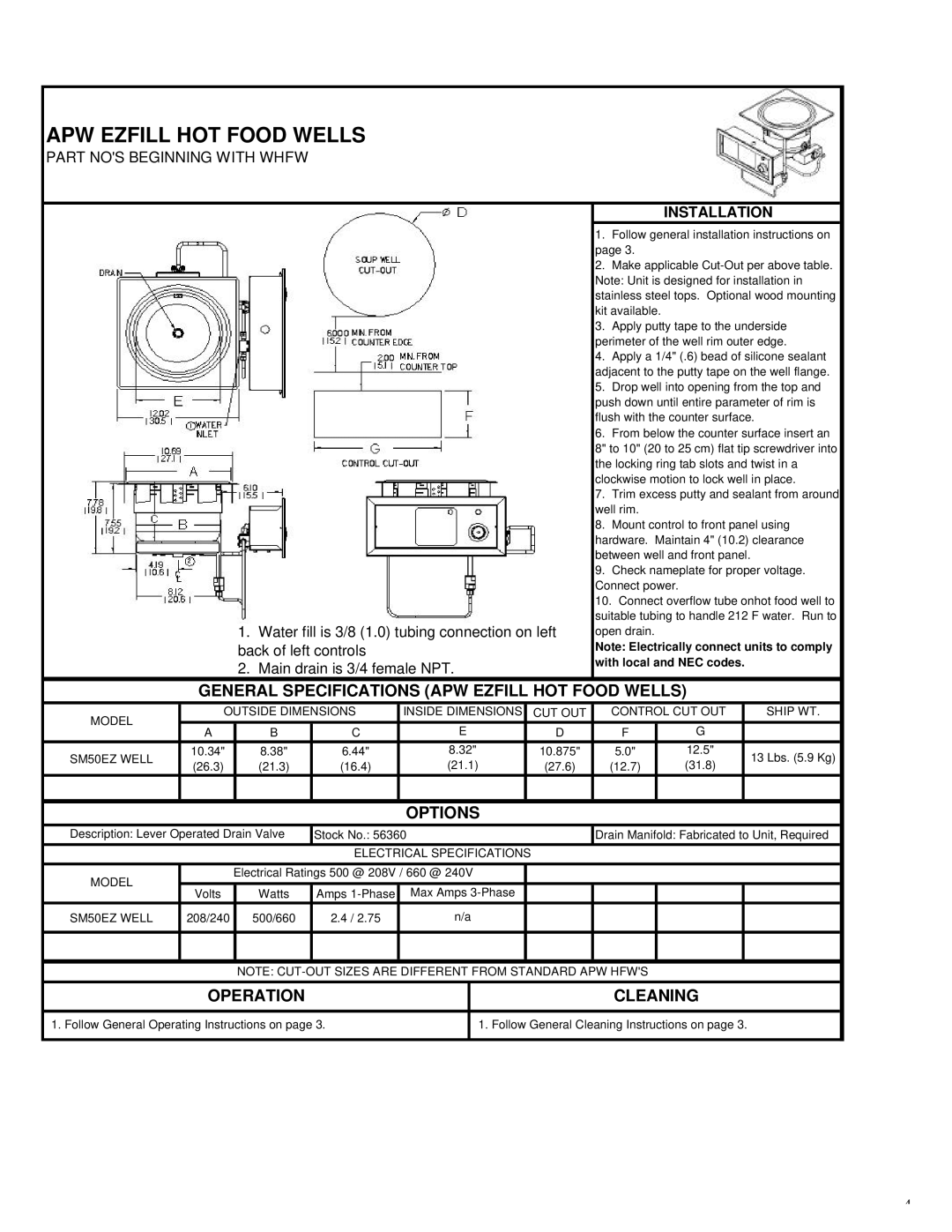 APW Wyott HOT FOOD WARMER service manual APW Ezfill HOT Food Wells, Installation 