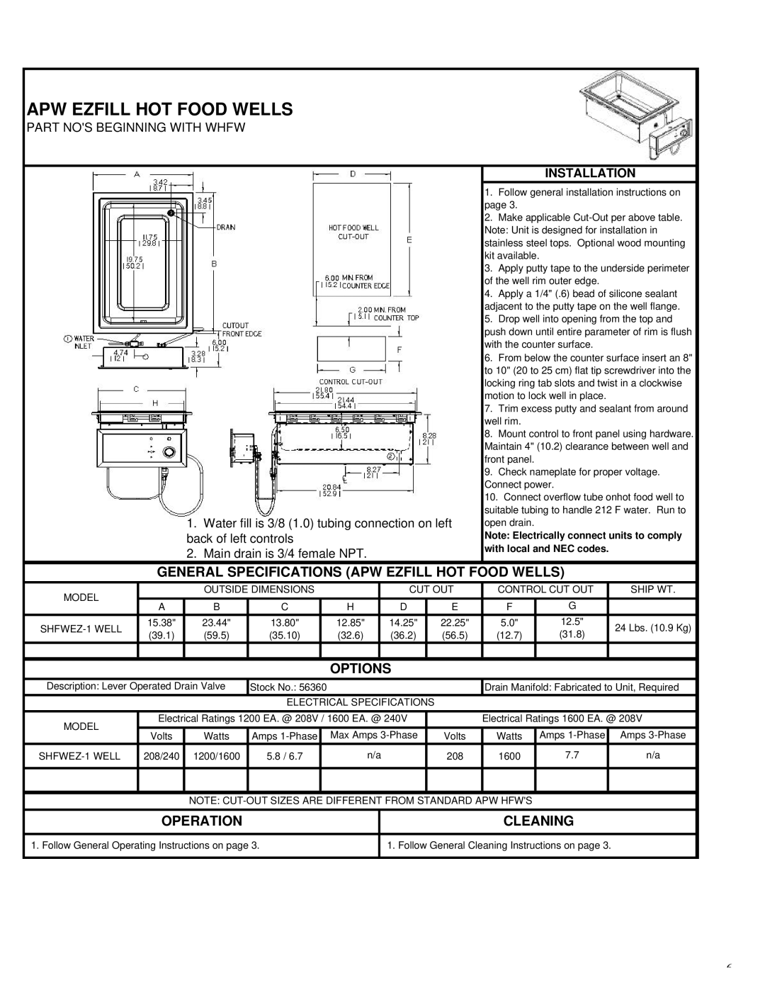 APW Wyott HOT FOOD WARMER service manual Options 