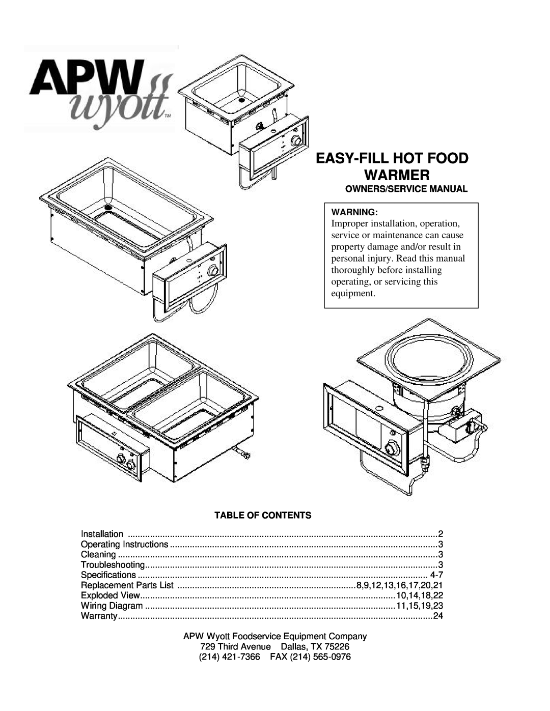 APW Wyott HOT FOOD WARMER service manual Easy-Fill Hot Food Warmer, Table Of Contents 