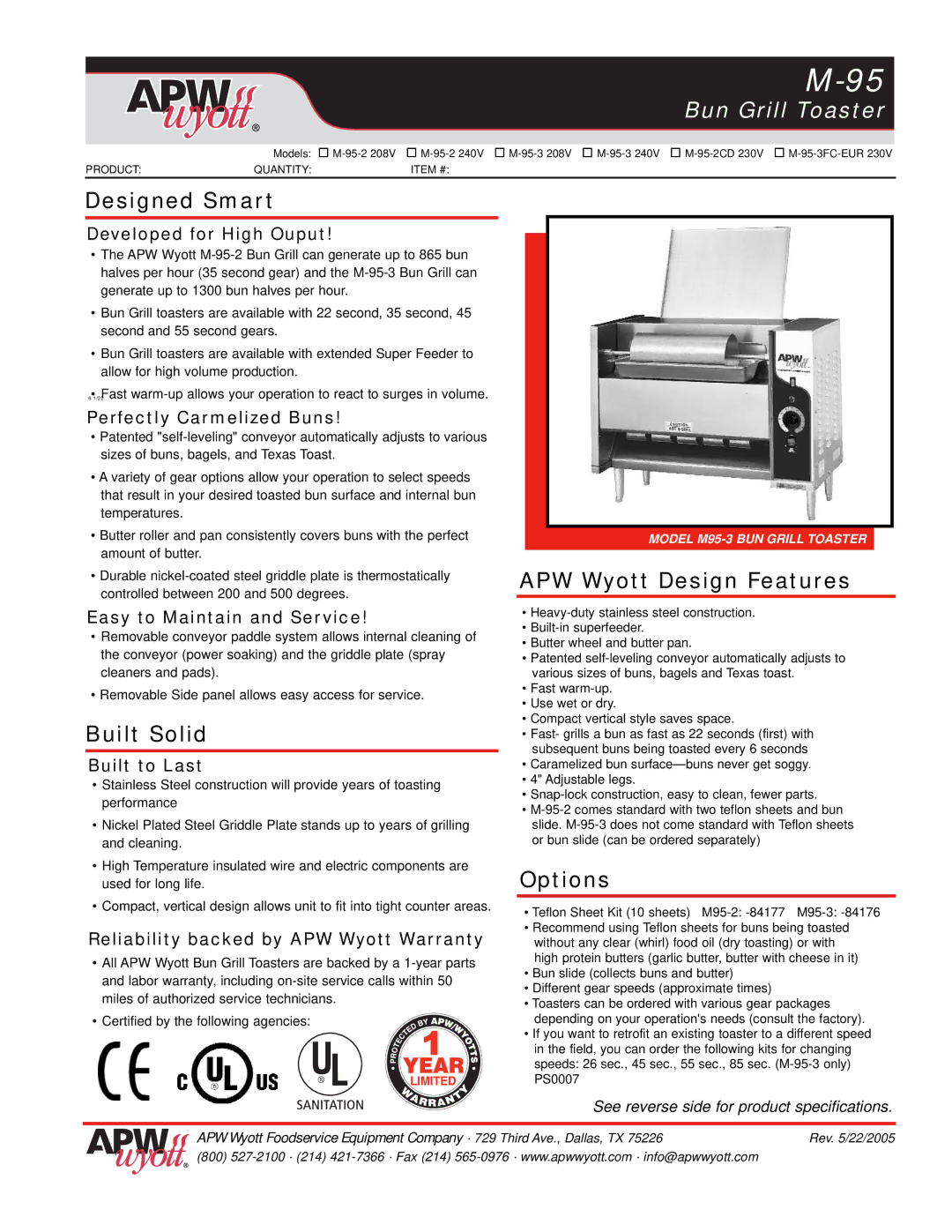 APW Wyott M-95-2 240V, M-95-2 208V, M-95-2CD 230V warranty Designed Smart, Built Solid, APW Wyott Design Features, Options 