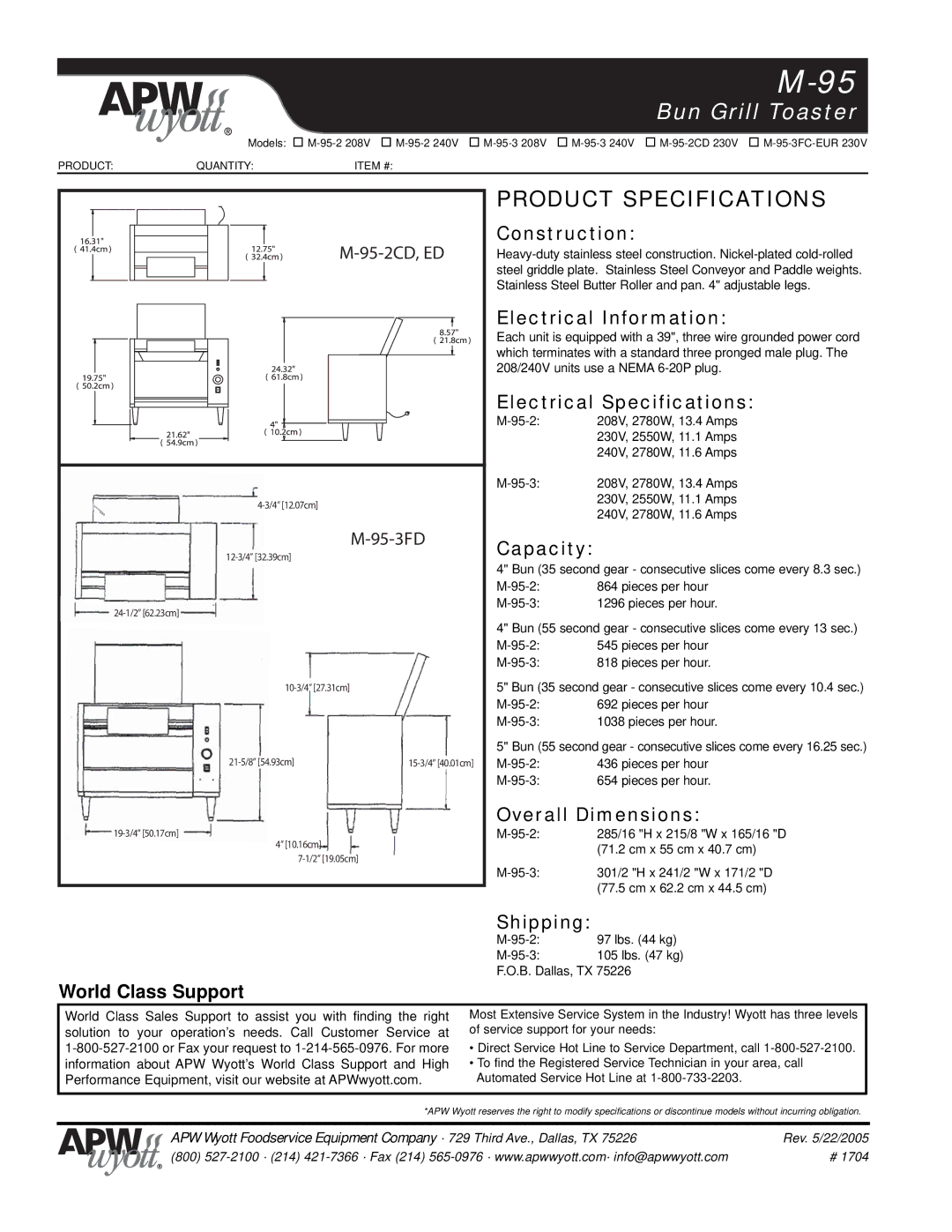 APW Wyott M-95-2CD 230V Construction, Electrical Information, Electrical Specifications, Capacity, Overall Dimensions 