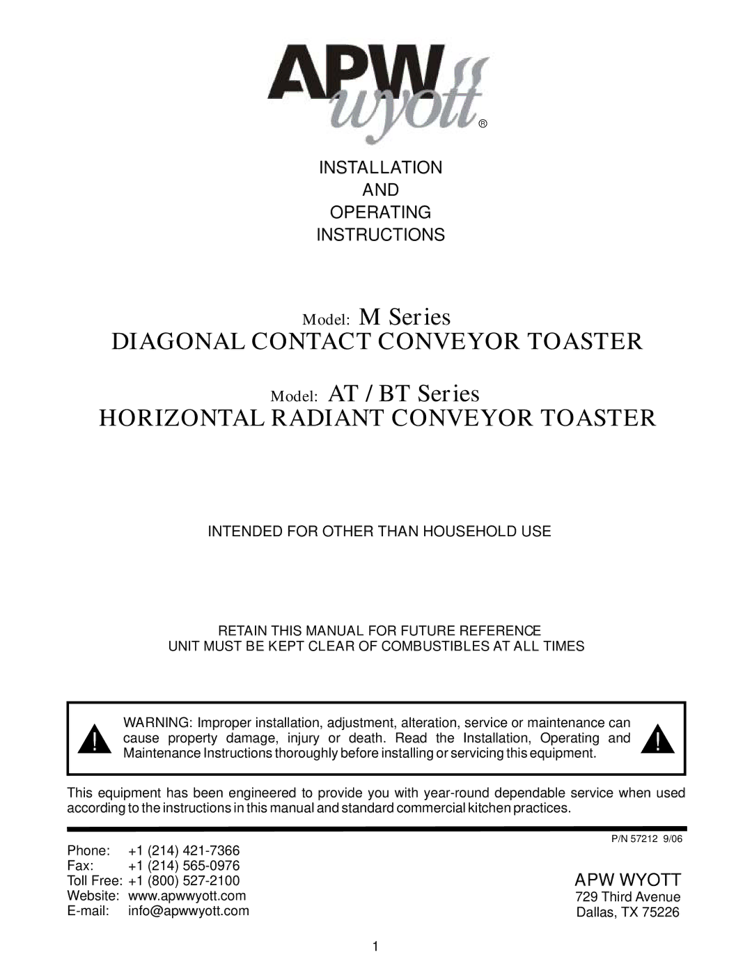 APW Wyott AT/BT Series, M Series manual Horizontal Radiant Conveyor Toaster, Installation Operating Instructions 