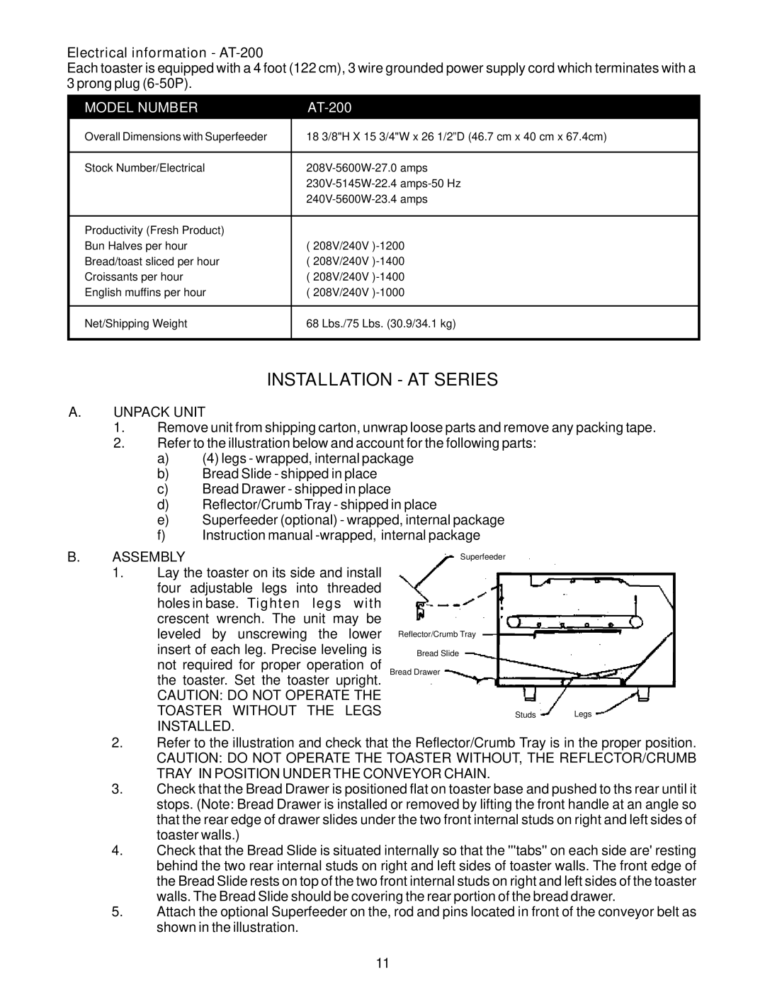 APW Wyott AT/BT Series, M Series manual Installation AT Series, Electrical information AT-200 