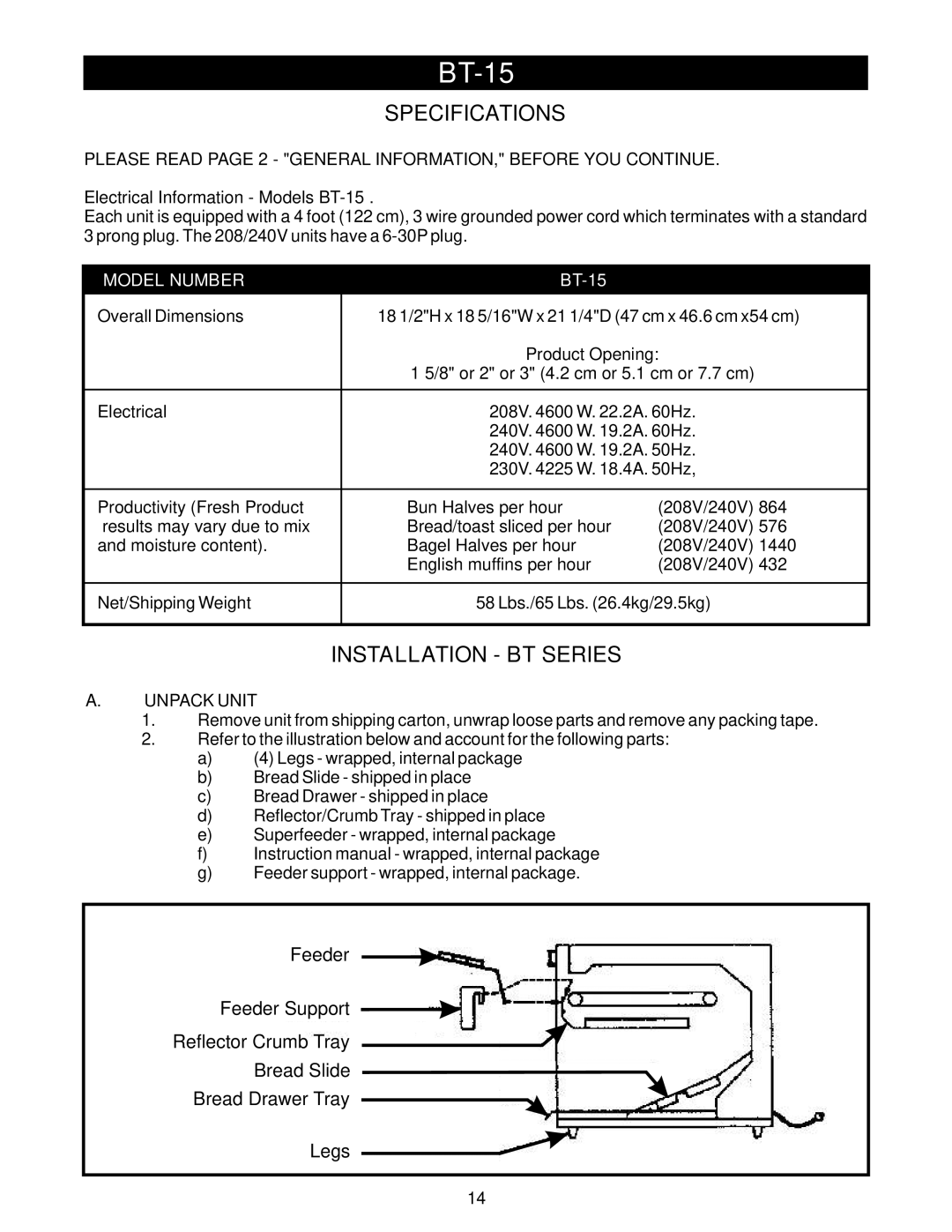 APW Wyott M Series, AT/BT Series manual Installation BT Series, BT-15 