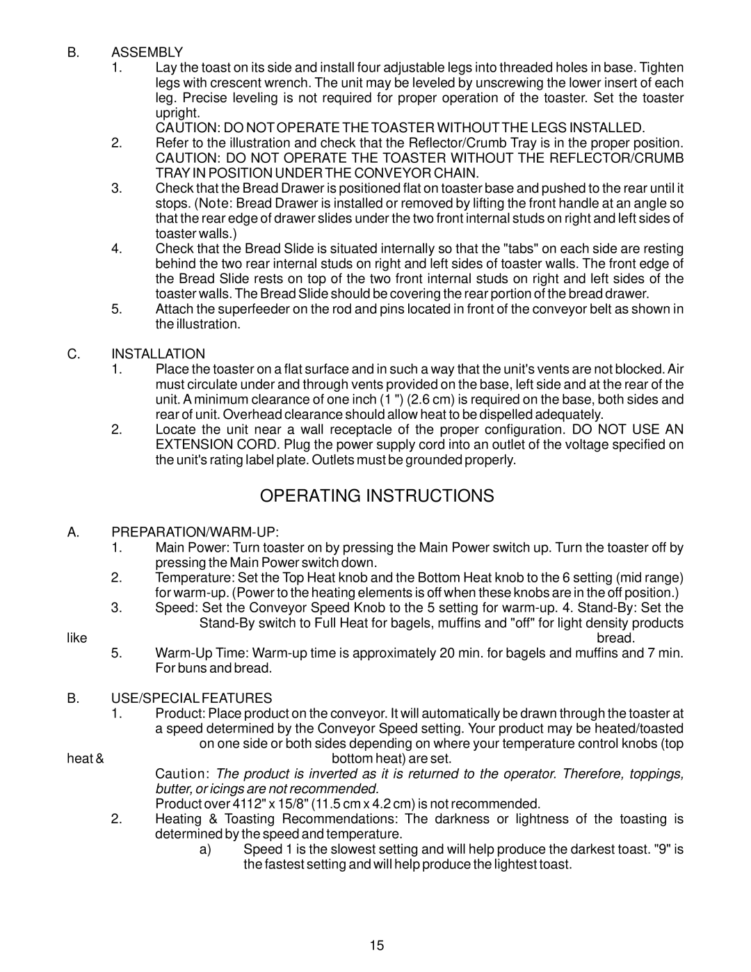 APW Wyott AT/BT Series, M Series manual Preparation/Warm-Up, Butter, or icings are not recommended 