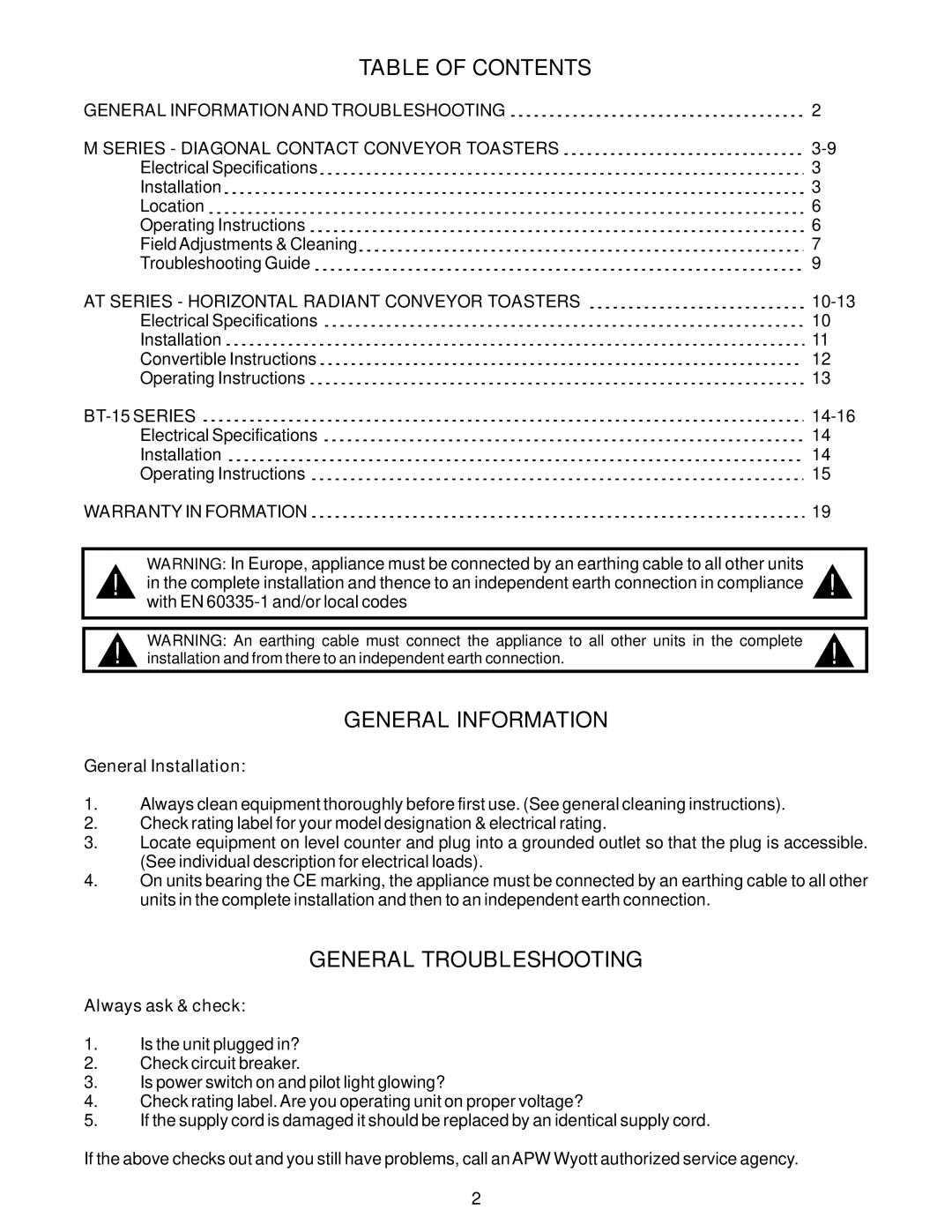 APW Wyott M Series, AT/BT Series manual Table of Contents, General Information, General Troubleshooting 