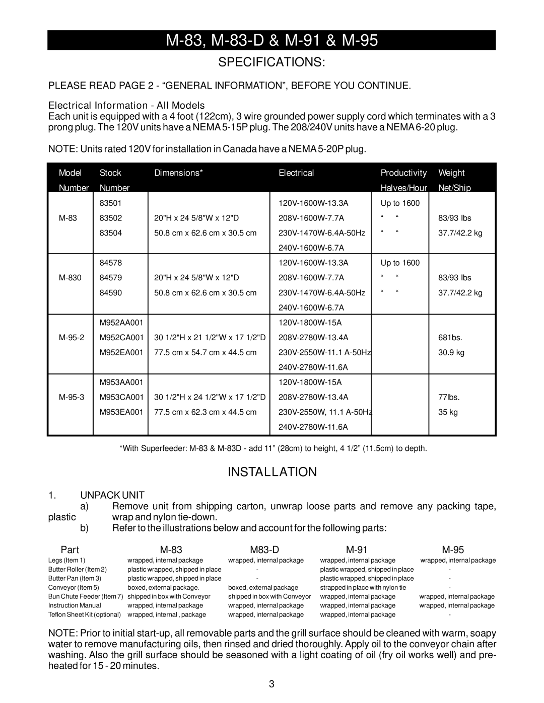 APW Wyott AT/BT Series, M Series manual Specifications, Installation 