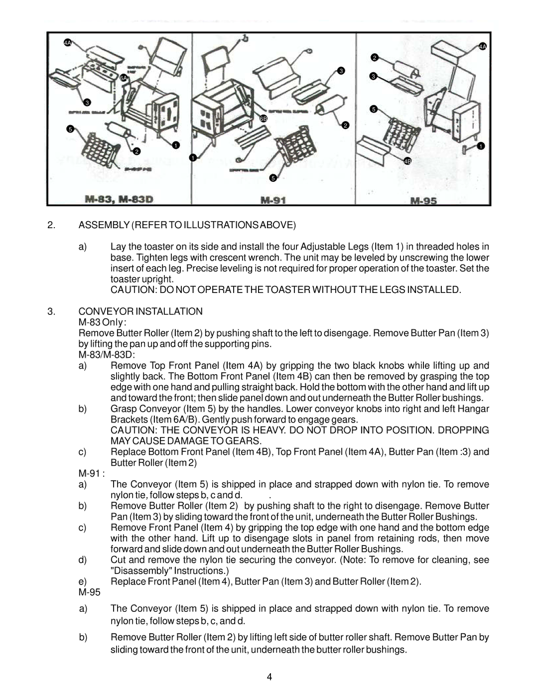 APW Wyott M Series, AT/BT Series manual Assembly Refer to Illustrations Above, Conveyor Installation, Only, 83/M-83D 