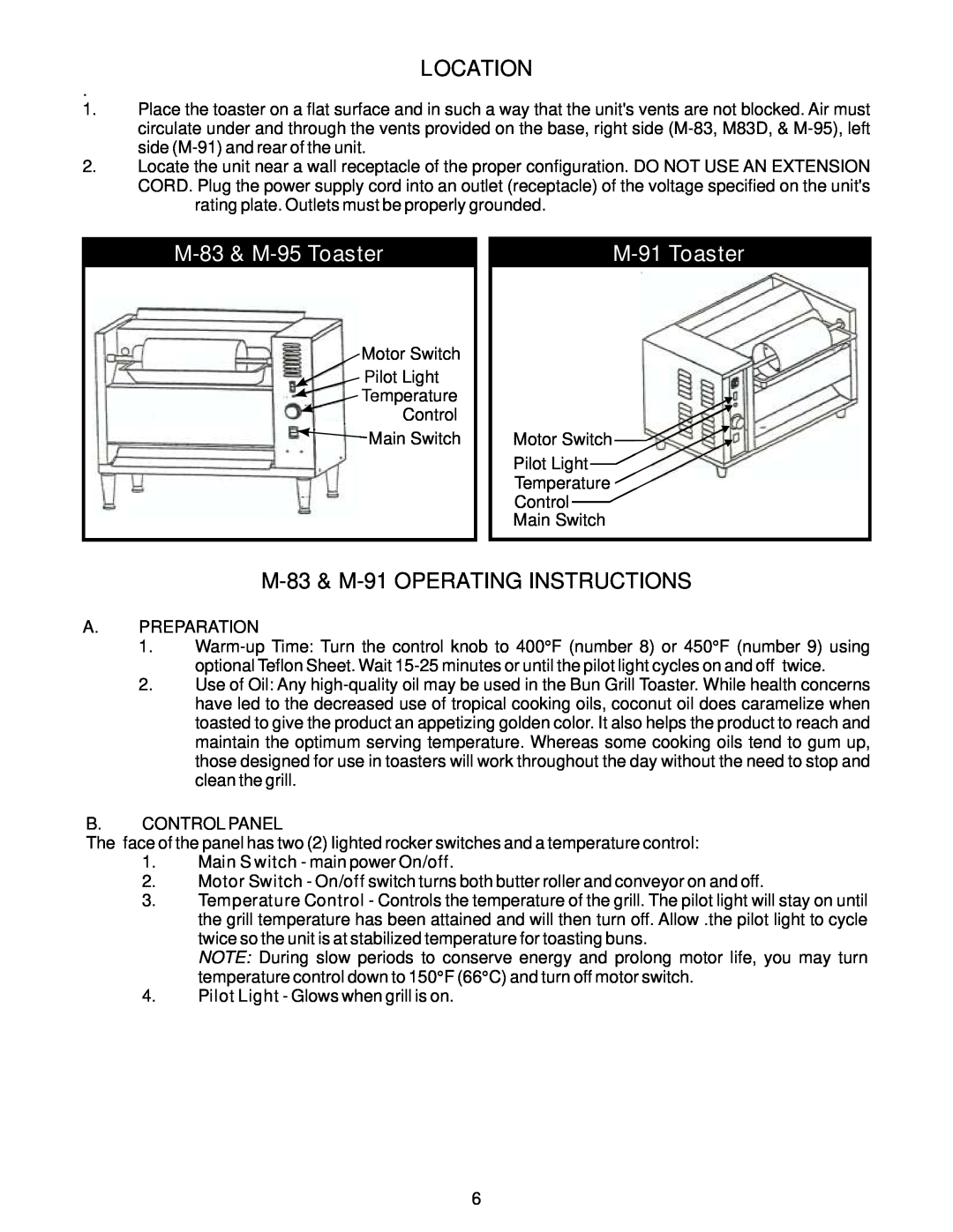 APW Wyott M Series, AT/BT Series manual Location, M-83 & M-95 Toaster, M-91 Toaster, M-83 & M-91 OPERATING INSTRUCTIONS 