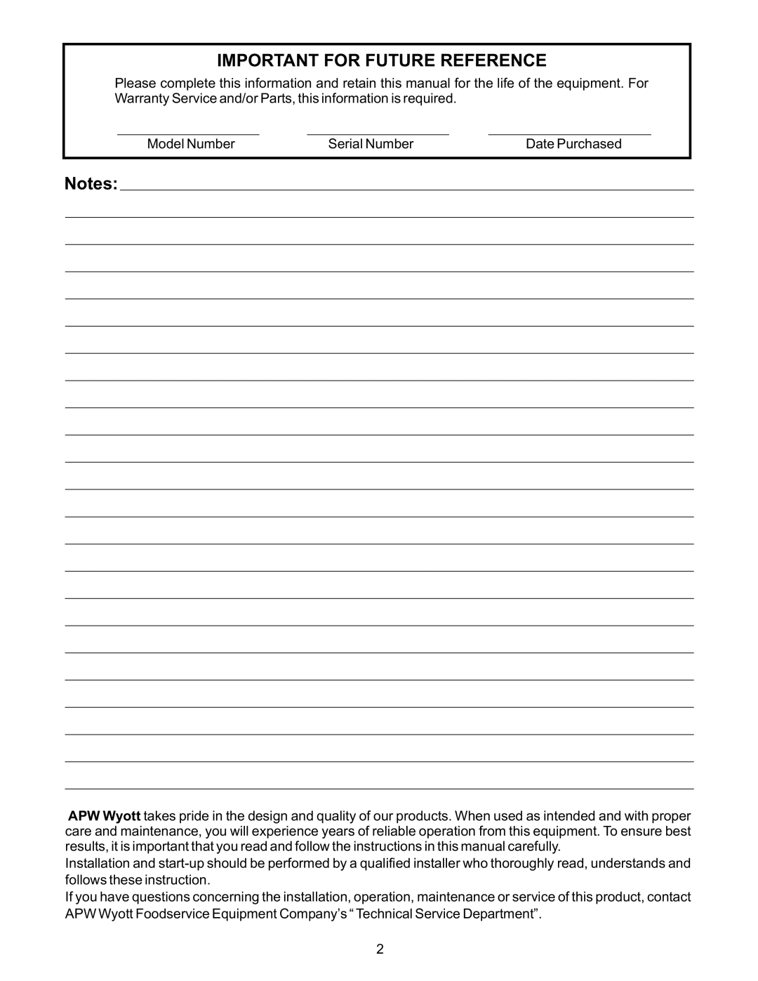 APW Wyott M95-2-JIB operating instructions Important for Future Reference 