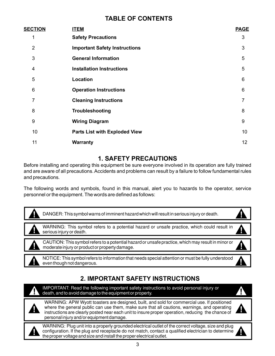 APW Wyott M95-2-JIB operating instructions Table of Contents, Safety Precautions 