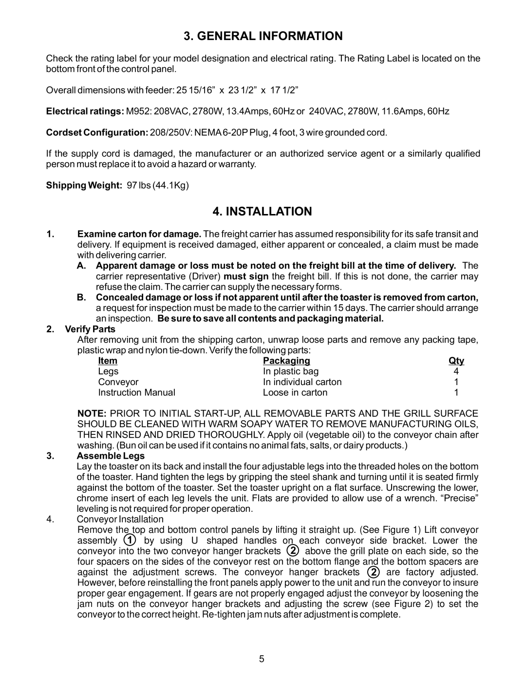 APW Wyott M95-2-JIB General Information, Shipping Weight 97 lbs 44.1Kg, Verify Parts, Ssembly, Ble L gs 