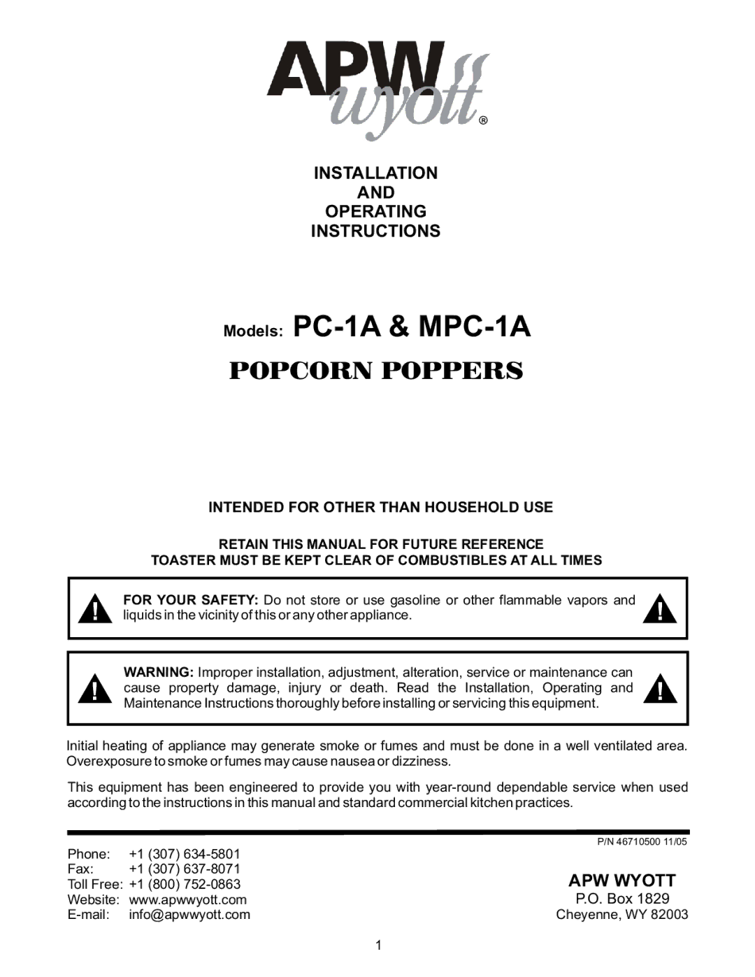APW Wyott manual Models PC-1A & MPC-1A, Installation Operating Instructions 